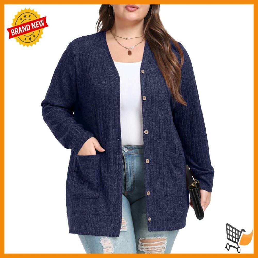 Plus Size Cardigan Open Front Button Down Sweater with Pockets